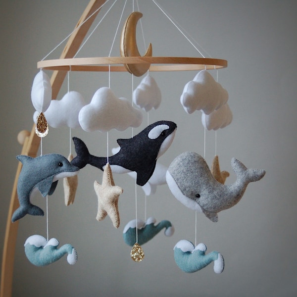 Orca Baby Mobile with dolphin, beluga and whale | nursery felt boy dolphin sea ocean waves hanging crib newborn baby shower gift