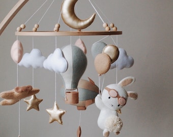 Bunny Pilot Baby Mobile: Felt Airplane, Balloons, Gold Stars Nursery Decor