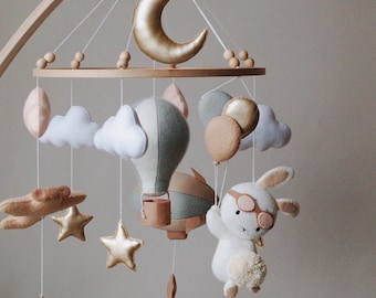 Bunny Pilot and Balloons Baby Mobile | air ballon, gold stars, plane ,nursery, crib, moon, hanging mobile, clouds, baby shower