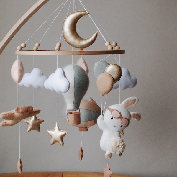 Bunny Pilot and Balloons Baby Mobile | air ballon, gold stars, plane ,nursery, crib, moon, hanging mobile, clouds, baby shower