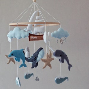 Whale baby mobile personalized ship nursery Felt baby mobile boy narwhal dolphin Sea ocean waves nursery hanging crib mobile newborn