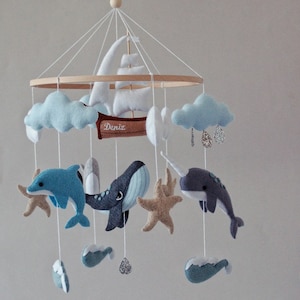 Whale baby mobile personalized ship nursery Felt baby mobile boy narwhal dolphin Sea ocean waves nursery hanging crib mobile newborn