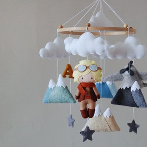 Personalized Baby Pilot Mobile: Felt Airplane, Mountains & Clouds