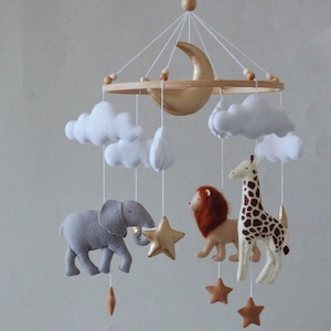 Baby mobile neutral animals Africa nursery mobile felt Africa safari giraffe, lion and elephant. Crib mobile moon and clouds mobile.