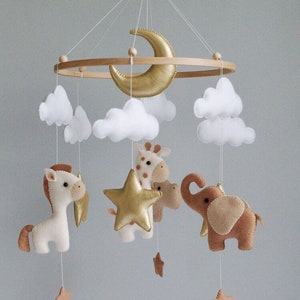 Safari crib mobile with giraffe, hippo, horse and elephant | Boy baby mobile animals nursery girl felt Africa stars and moon hanging mobile