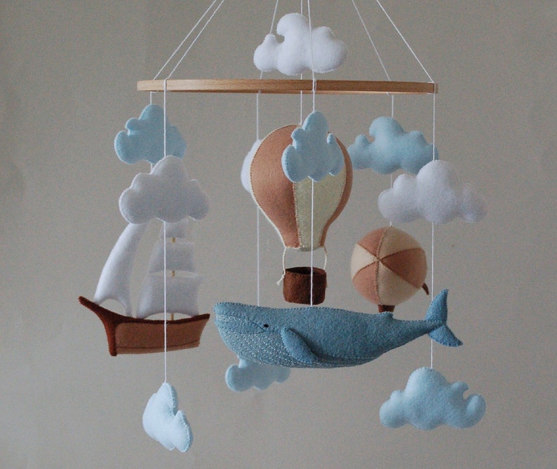 Whale baby mobile air balloon, aerostat and ship mobile nursery Felt baby mobile boy nursery hanging crib mobile newborn baby shower gift image 6
