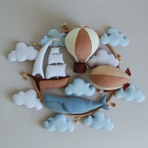 Whale baby mobile air balloon, aerostat and ship mobile nursery Felt baby mobile boy nursery hanging crib mobile newborn baby shower gift image 1