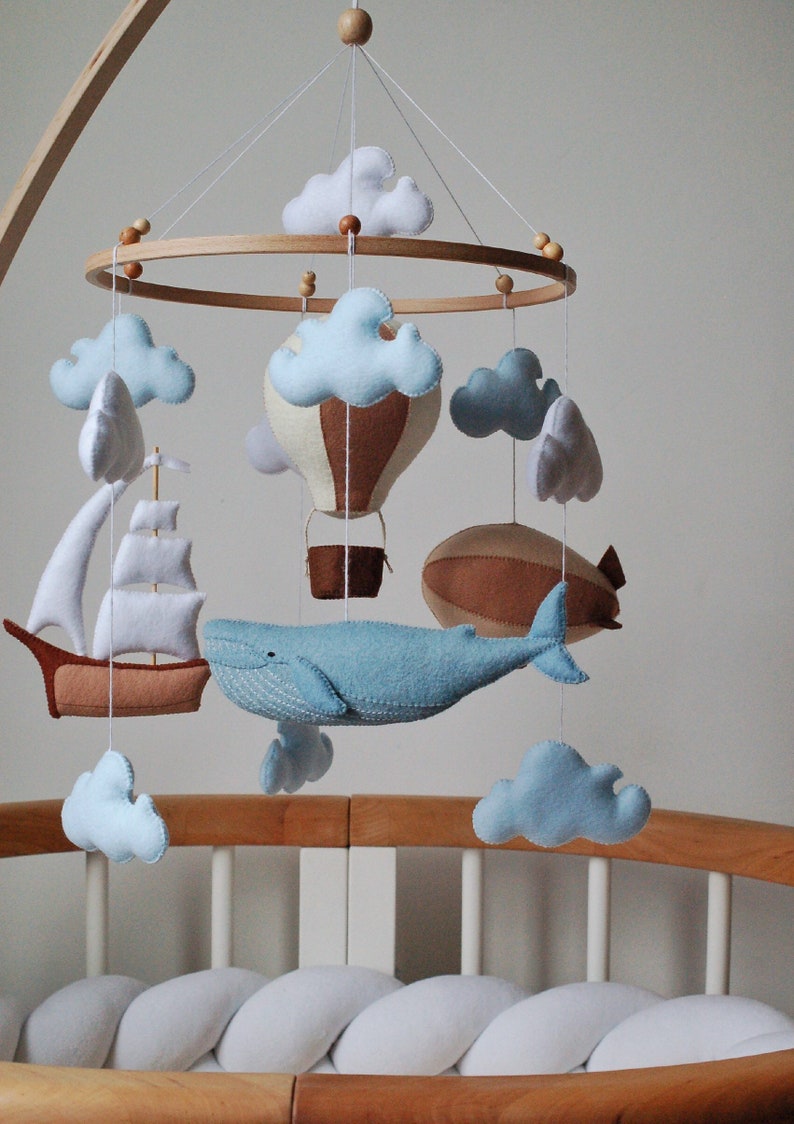 Whale baby mobile air balloon, aerostat and ship mobile nursery Felt baby mobile boy nursery hanging crib mobile newborn baby shower gift image 2