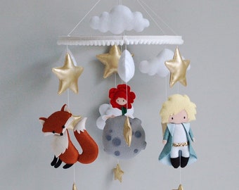 Baby boy mobile the little prince Exupery, Nursery mobile gray felt Hanging mobile Prince baby mobile boy Gray nursery baby shower gift