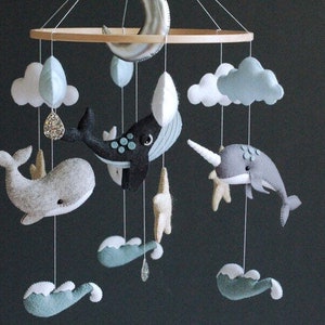 Baby mobile Whale nursery Felt baby mobile boy narwhal dolphin Sea ocean waves nursery hanging crib mobile newborn baby shower gift