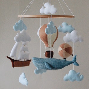 Whale baby mobile air balloon, aerostat and ship mobile nursery Felt baby mobile boy nursery hanging crib mobile newborn baby shower gift image 3