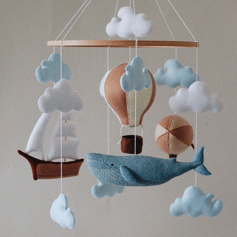 Whale baby mobile air balloon, aerostat and ship mobile nursery Felt baby mobile boy nursery hanging crib mobile newborn baby shower gift image 3