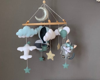 Cat Pilot and Balloons Baby Mobile | air ballon, gold stars, plane ,nursery, crib, moon, hanging mobile, clouds, baby shower