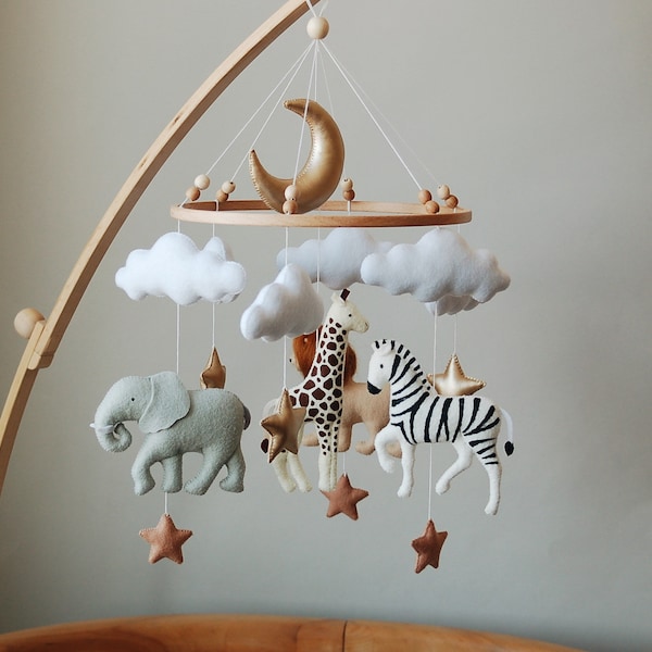 Baby mobile neutral animals Africa nursery mobile felt Africa safari giraffe, lion, zebra and elephant. Crib mobile moon and clouds mobile.