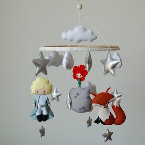 Baby boy mobile the little prince Exupery, Nursery mobile gray felt Hanging mobile Prince baby mobile boy Gray nursery baby shower gift