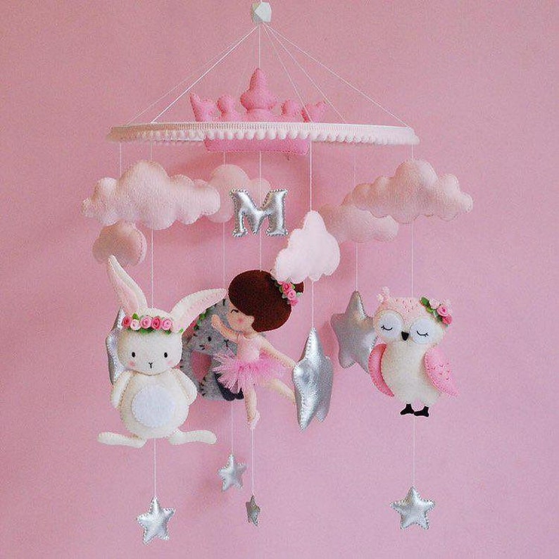 Baby Mobile Girl Felt Pink White Rabbit Dancer Owl And Kitten Etsy