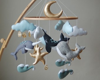 Whale baby mobile nursery Felt baby mobile boy narwhal dolphin Sea ocean waves nursery hanging crib mobile newborn baby shower gift
