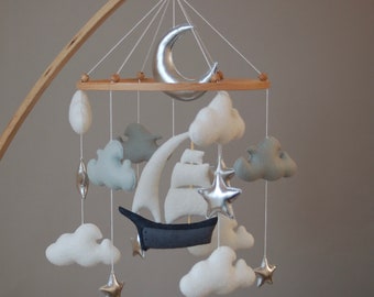 Ship Baby Mobile | nursery Felt baby mobile boy sea ocean waves hanging crib mobile newborn baby shower gift