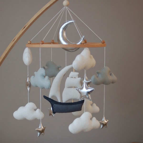 Ship Baby Mobile | nursery Felt baby mobile boy sea ocean waves hanging crib mobile newborn baby shower gift