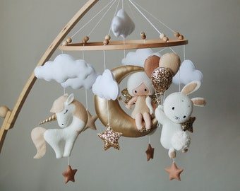 Felt Baby Mobile: Fairy, Unicorn, Bunny, Moon & Stars Nursery Decor