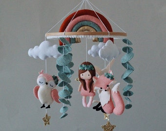 Baby mobile girl princess pink nursery mobile rainbow white rabbit owl and fox hanging mobile animals Crib mobile nursery baby girl mobile