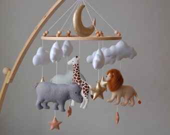 Safari Baby mobile | neutral animals Africa nursery felt giraffe, lion, hippo and elephant. Crib mobile moon and clouds mobile.