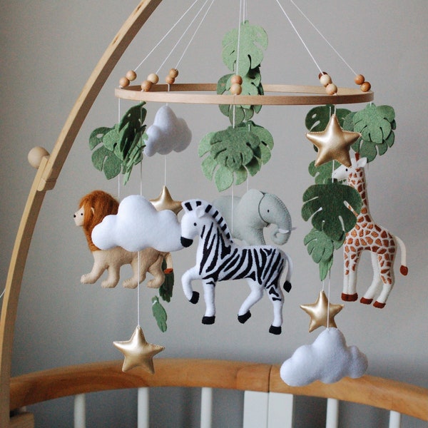 Baby safari mobile with embroidered spots on animals | Africa nursery felt giraffe lion zebra elephant monstera leaves сrib stars clouds