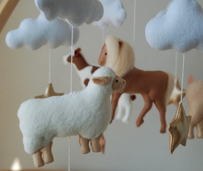 Farm Baby Mobile cow, horse, goat, sheep neutral animals nursery felt crib moon and clouds image 3