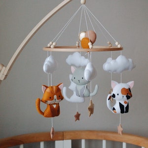 Kitten Baby Mobile Personalized | felt pink white hanging crib baby mobile for nursery baby shower gift cat kitty