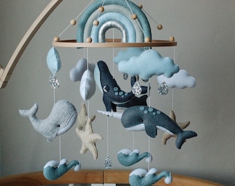 Narwhal Baby Mobile with Rainbow | nursery Felt boy whale dolphin Sea ocean waves starfish hanging crib mobile newborn baby shower gift