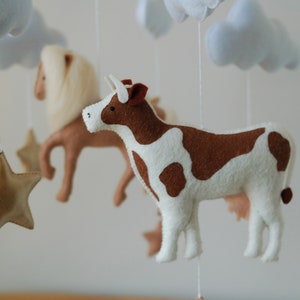 Farm Baby Mobile cow, horse, goat, sheep neutral animals nursery felt crib moon and clouds image 7