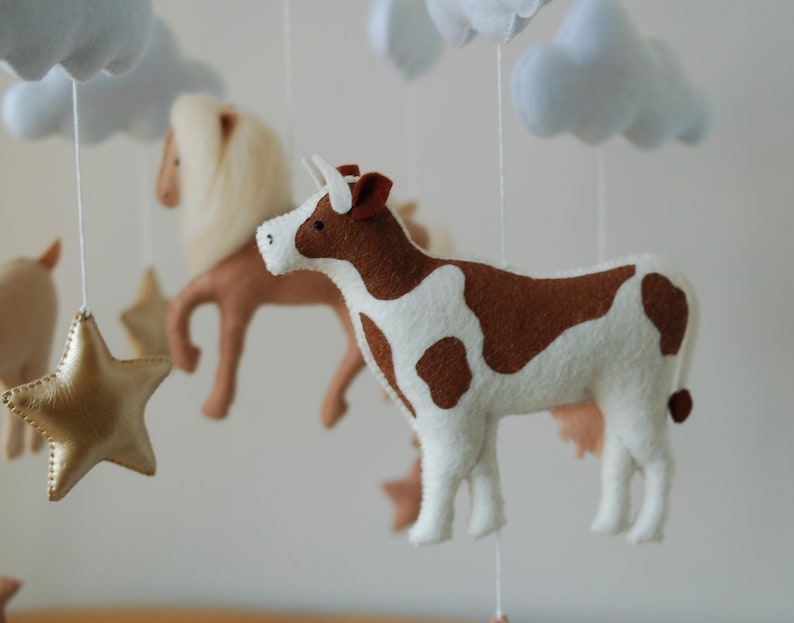 Farm Baby Mobile cow, horse, goat, sheep neutral animals nursery felt crib moon and clouds image 7