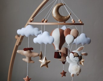 Bunny Pilot and Balloons Baby Mobile | air ballon, gold stars, plane ,nursery, crib, moon, hanging mobile, clouds, baby shower