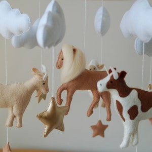 Farm Baby Mobile cow, horse, goat, sheep neutral animals nursery felt crib moon and clouds image 5