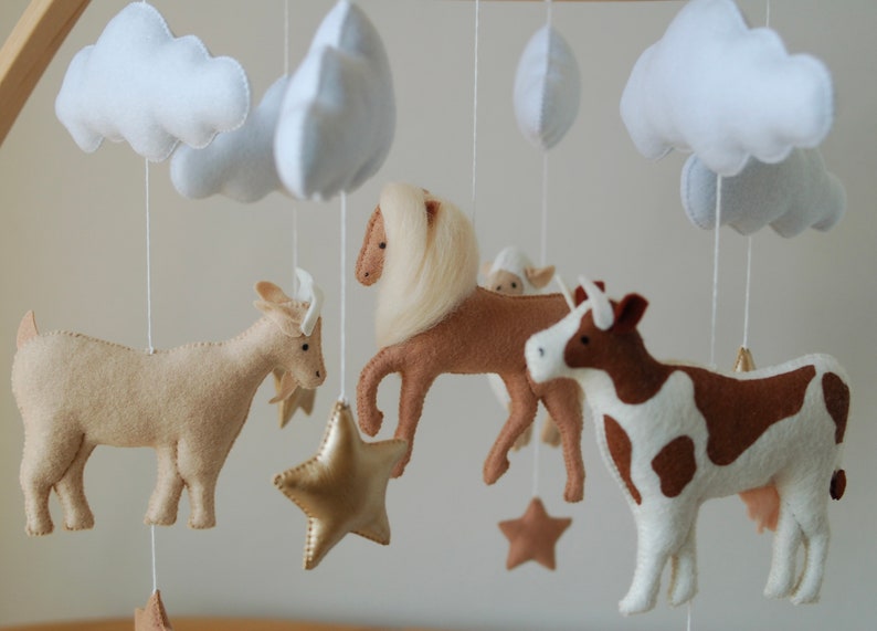 Farm Baby Mobile cow, horse, goat, sheep neutral animals nursery felt crib moon and clouds image 5