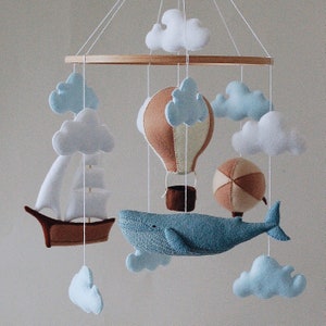 Whale baby mobile air balloon, aerostat and ship mobile nursery Felt baby mobile boy nursery hanging crib mobile newborn baby shower gift image 5