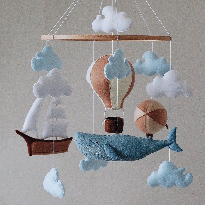 Whale baby mobile air balloon, aerostat and ship mobile nursery Felt baby mobile boy nursery hanging crib mobile newborn baby shower gift image 5