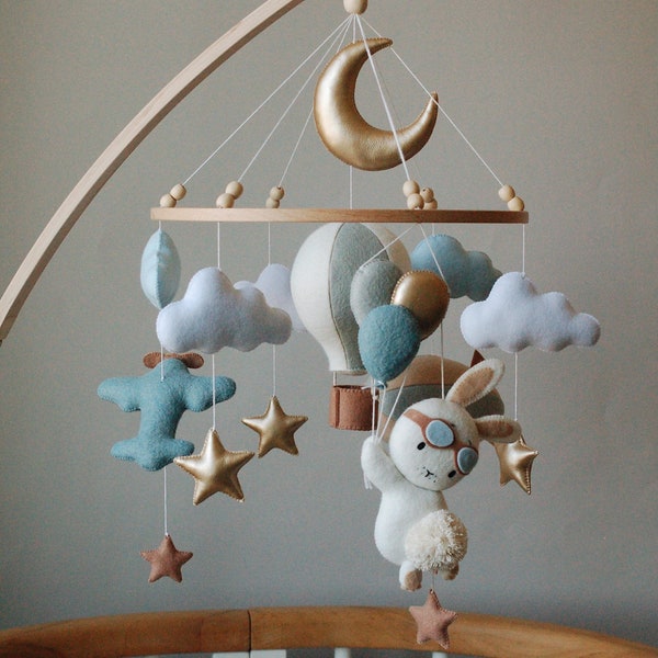 Bunny Pilot Baby Mobile / pallone aerostatico, stelle dorate, aereo, cameretta, culla, luna, giostrina sospesa, nuvole, baby shower