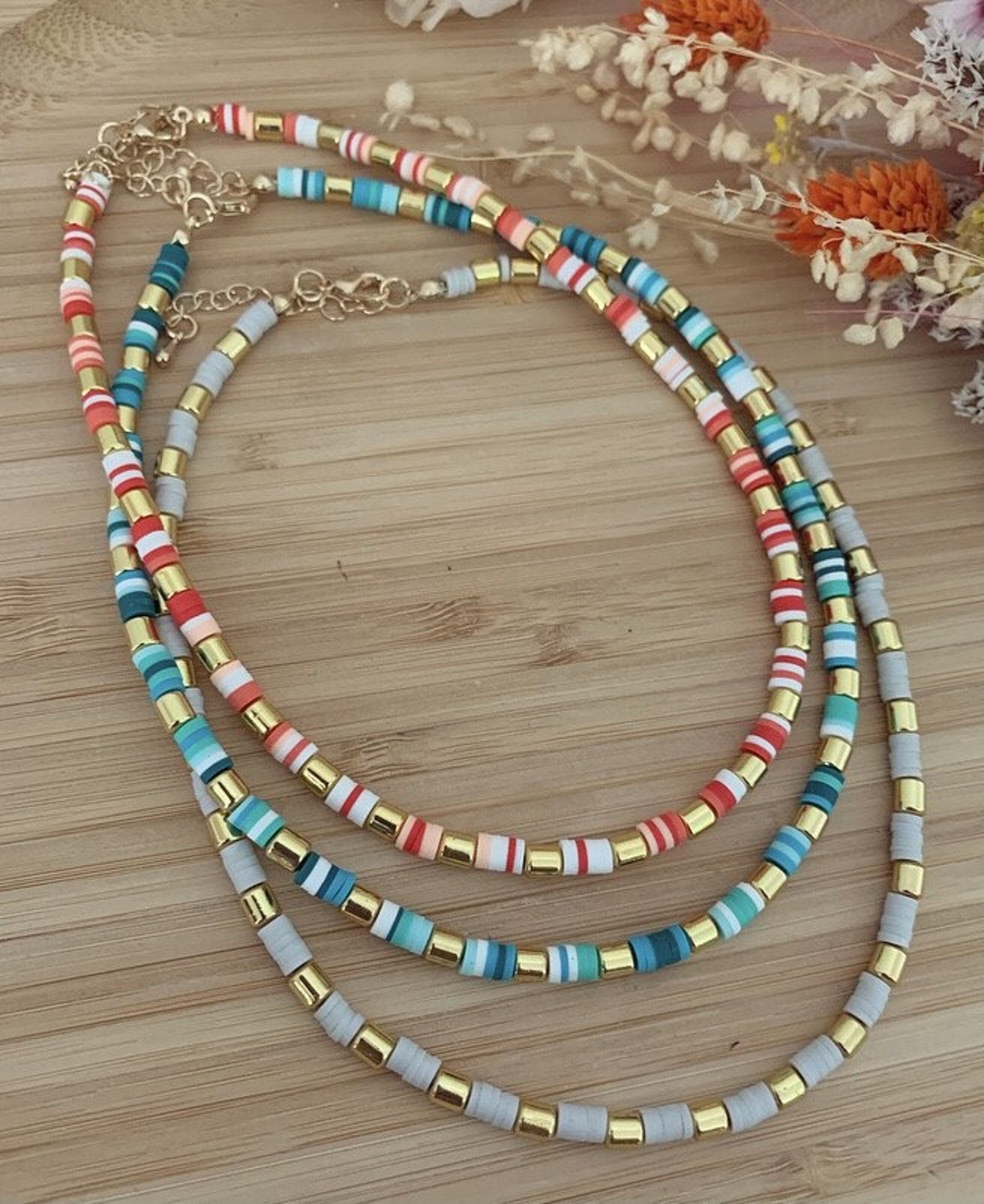 Necklace grey heishi beads and golden washers Neck ras Etsy