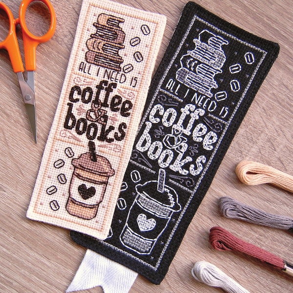 All I Need Is Coffee & Books Cross Stitch Pattern - Instant Download PDF - Coffee Lover Bookmark