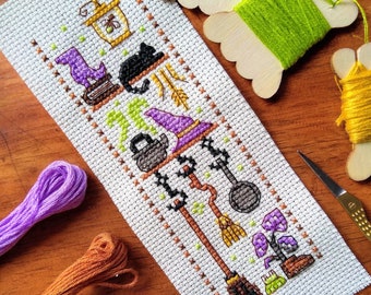 Witch's Broom Cupboard Cross Stitch Pattern: Cottagecore Autumn Bookmark (PDF Download)