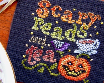 Scary Reads Need Tea Coaster Cross Stitch Pattern - Instant Download PDF - Tea Lover Halloween