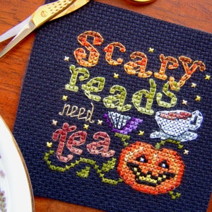 Scary Reads Need Tea Coaster Cross Stitch Pattern - Instant Download PDF - Tea Lover Halloween