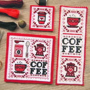 Coffee Lover Cross Stitch Pattern: Bookmark & Coaster (PDF Download)