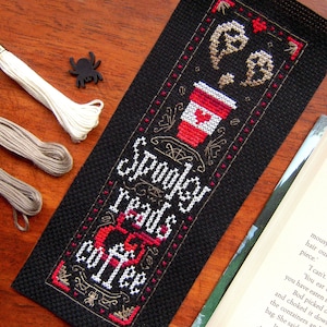 Spooky Reads & Coffee Cross Stitch Pattern, Instant Download PDF, Coffee Lover Gift Halloween Bookmark