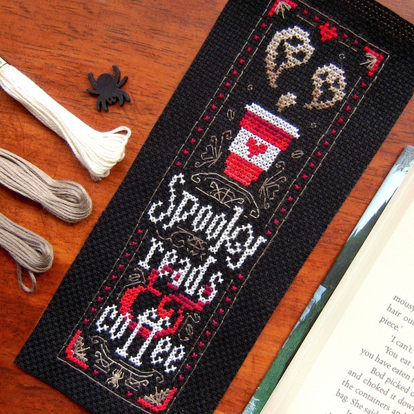 Spooky Reads & Coffee Cross Stitch Pattern - Instant Download PDF - Coffee Lover Gift Halloween Bookmark