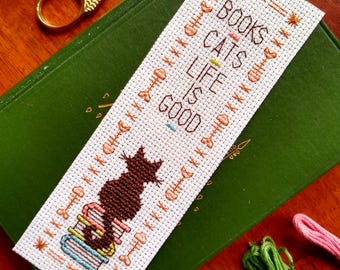 Books, Cats, Life is Good Cross Stitch Bookmark Pattern, Digital Download PDF