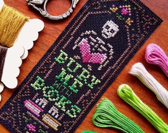 Bury Me With Books Halloween Bookmark Cross Stitch Pattern, Instant Download PDF