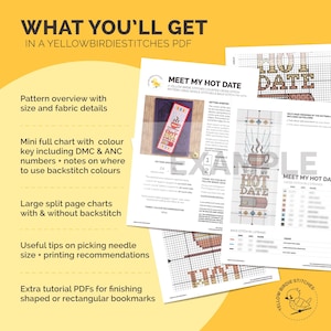 May include: A digital PDF cross stitch pattern titled Meet My Hot Date, featuring a coffee cup graphic. The document includes a pattern overview, a mini full chart with DMC and ANC color keys, large split-page charts, printing tips, and finishing tutorials.