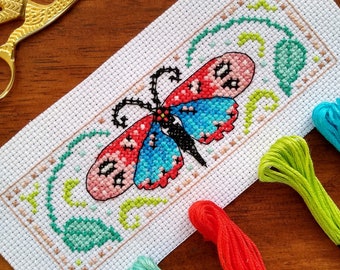 Bright Spring Folk Art Butterfly Cross Stitch Pattern - Instant Download PDF - Nature Lover Gift - Cross Stitch Bookmark